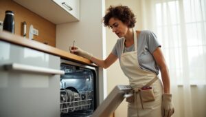 A Woman Is Looking At A Problem With The Dishwasher.