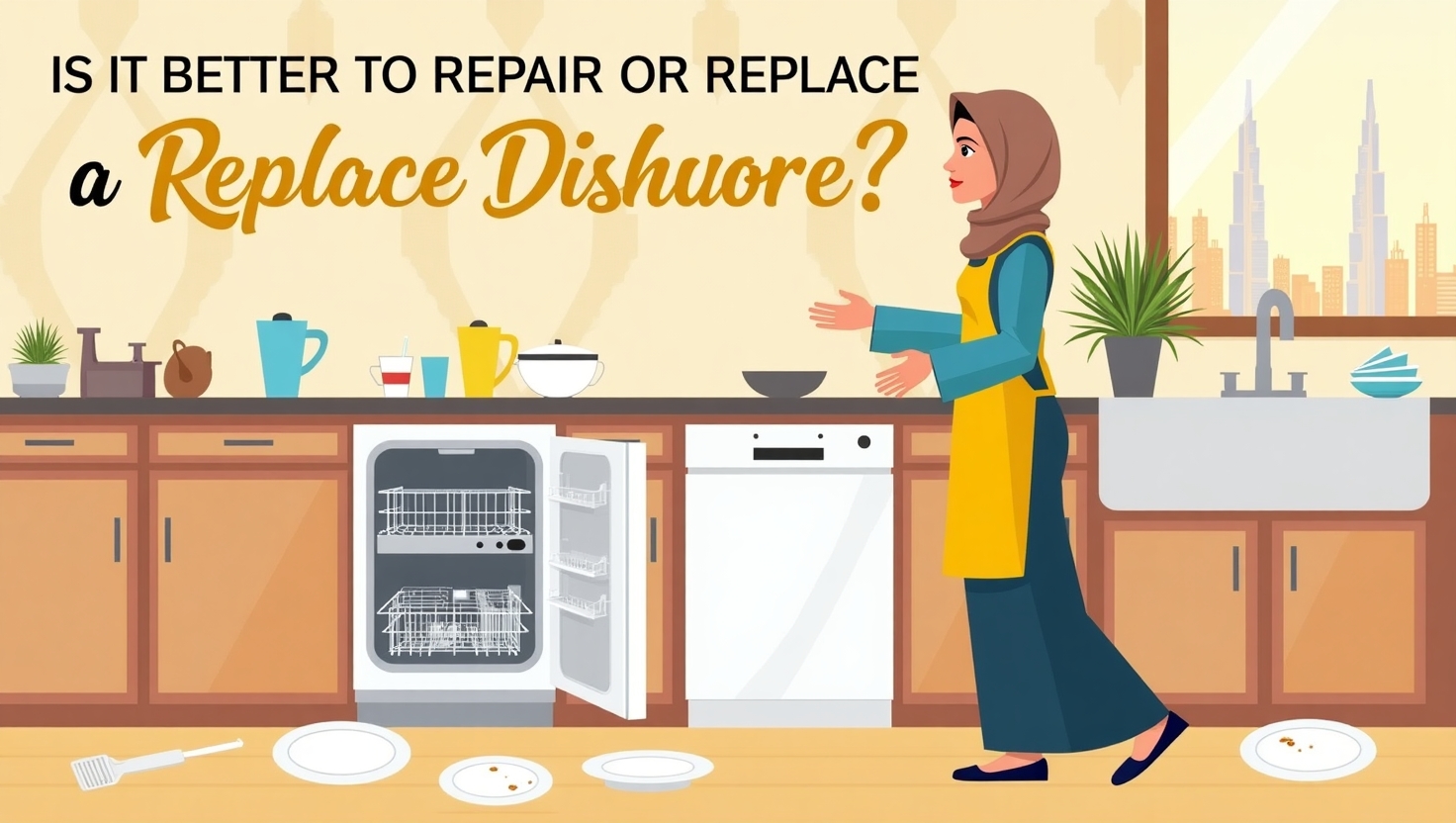 Woman Considering Dishwasher Repair Or Replacement. Dirty Dishes On Floor.