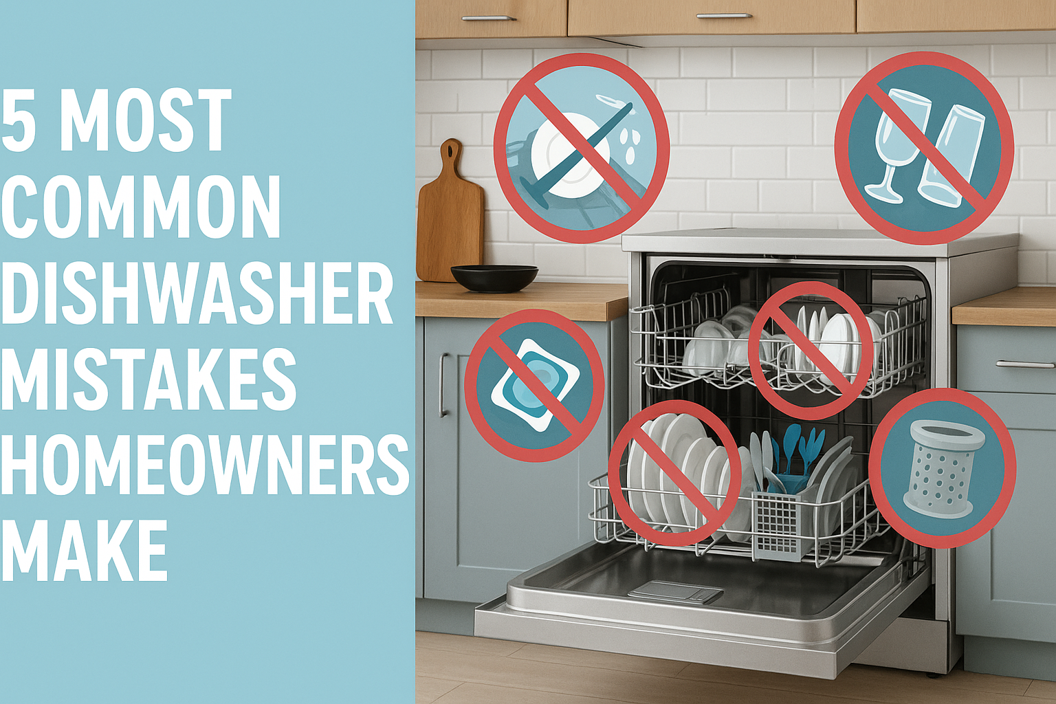 Open Dishwasher With Common Mistakes Highlighted: Pre-Rinsed Dishes, Overloaded Racks, And Improper Detergent Use. Avoid These Mistakes For Optimal Cleaning.