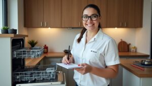 Friendly Technician Writing Notes During A Dishwasher Repair In Dubai.
