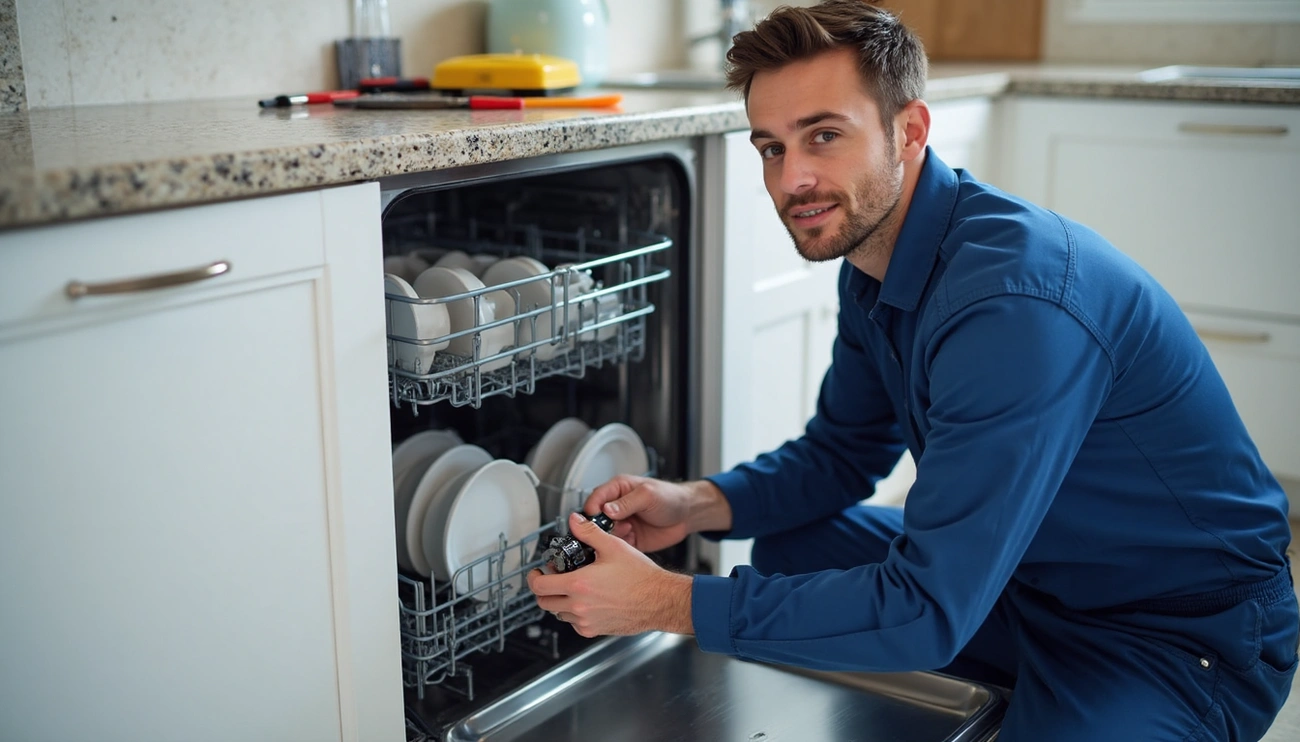 Dishwasher Repairman Fixing Appliance, Inspecting Dishes